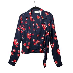 Liz Claiborne Lizsport Navy Red Poppy Floral Wrap Blouse Notched Lapel Size M